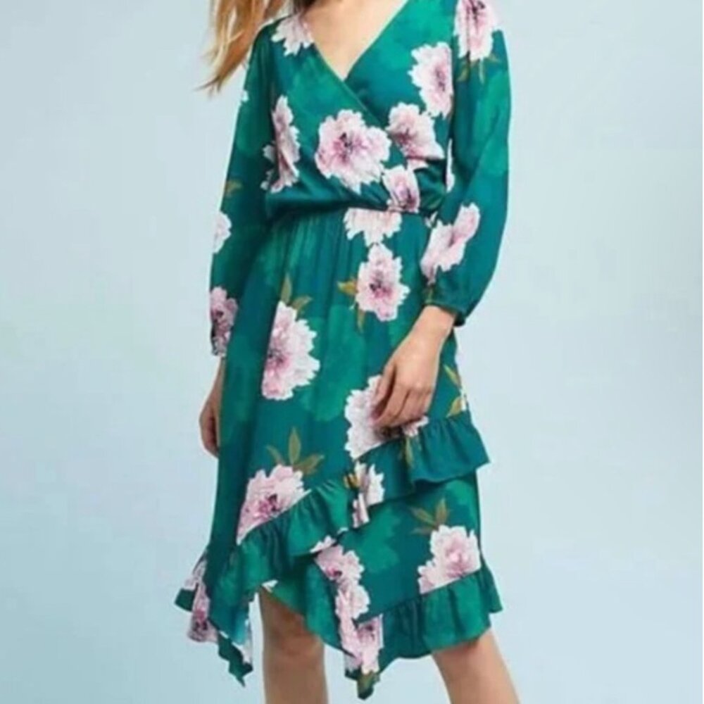 Anthropologie Plenty Tracy Reese Green Floral Faux Wrap Ruffle Hem Dress Size M